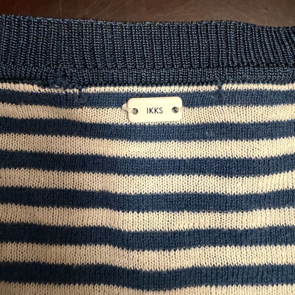 IKKS Linen Cotton Striped Sweater Mens M Lightweight Blue White Pocket - Picture 6 of 12
